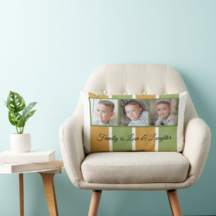 Green gold and white photo collage family striped lumbar pillow