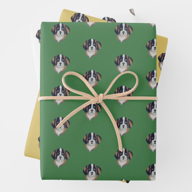 Green, Gold, and White Saint Bernard Illustration Wrapping Paper Sheets (In situ)