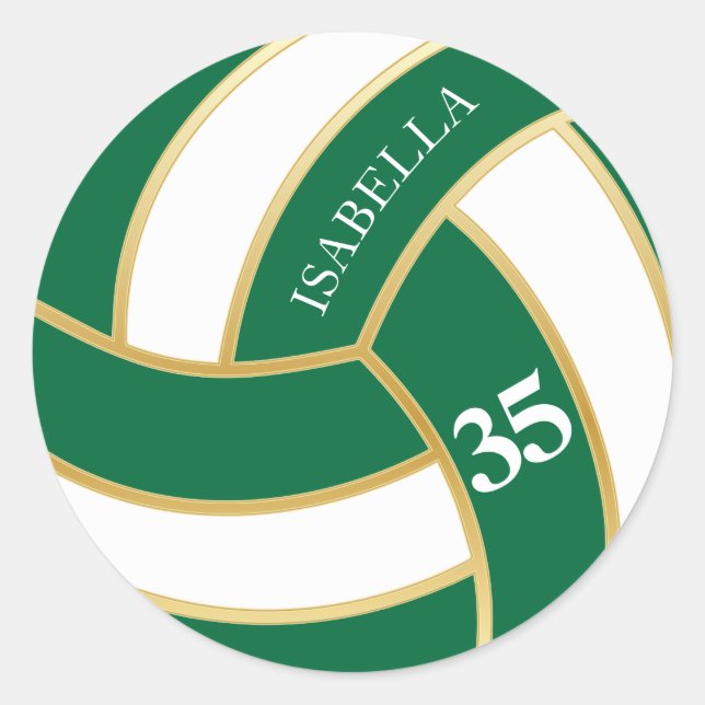 Green, Gold and White Volleyball- Personalize Classic Round Sticker (Front)