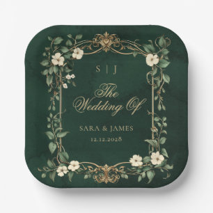 Green Gold Art Nouveau Enchanted Wedding Paper Plates