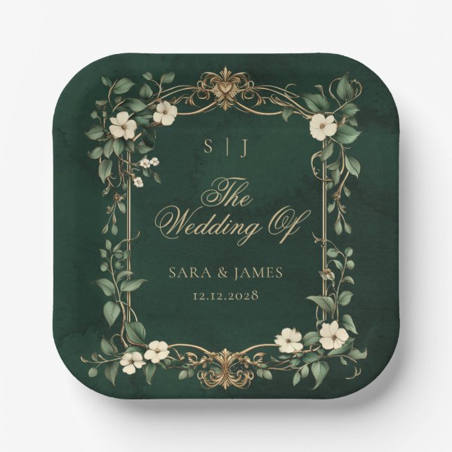 Green Gold Art Nouveau Enchanted Wedding Paper Plates (Front)