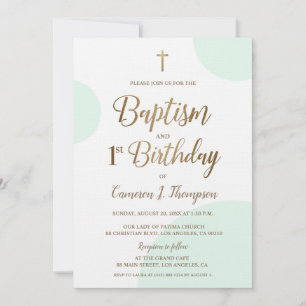 Green Gold Baby Boy Baptism 1st Birthday Invitation