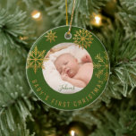 Green Gold Babys First Christmas Gift Ceramic Ornament<br><div class="desc">Bright green gold Snowflakes Christmas holiday photo ornament for new parents who just had a baby. Personalize it by adding the name. Makes a perfect gift for your friends or family.</div>