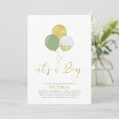 Green & Gold Balloons | Oh Baby Boy Baby Shower Invitation (Standing Front)