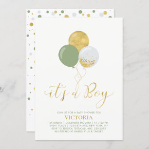 Green & Gold Balloons   Oh Baby Boy Baby Shower Invitation