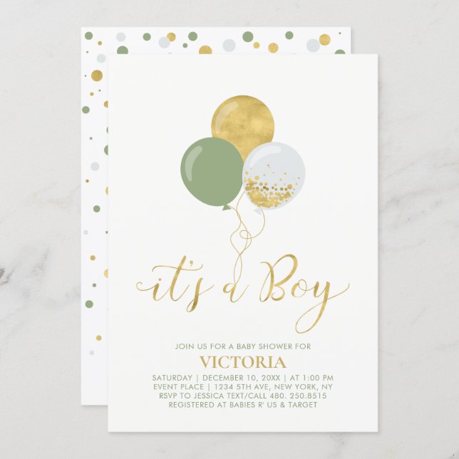 Green & Gold Balloons | Oh Baby Boy Baby Shower Invitation (Front/Back)