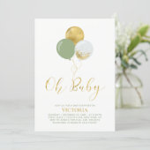 Green & Gold Balloons | Oh Baby Boy Baby Shower Invitation (Standing Front)
