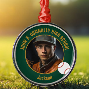 Green Gold Baseball Player Photo Christmas Metal Ornament