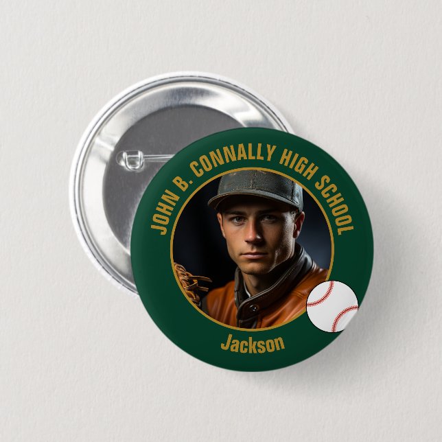 Green Gold Baseball Player Photo High School Button (Front & Back)