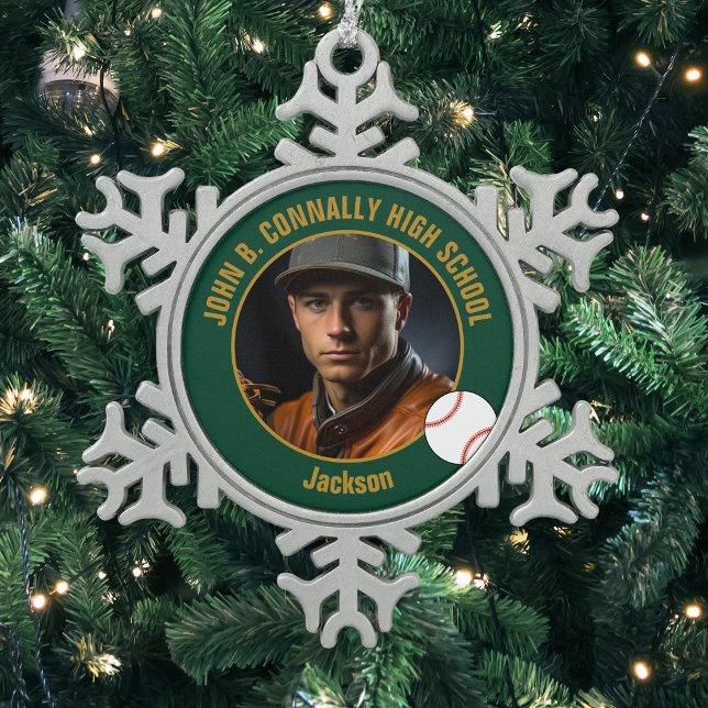 Green Gold Baseball Player Photo High School Snowflake Pewter Christmas Ornament (Creator Uploaded)