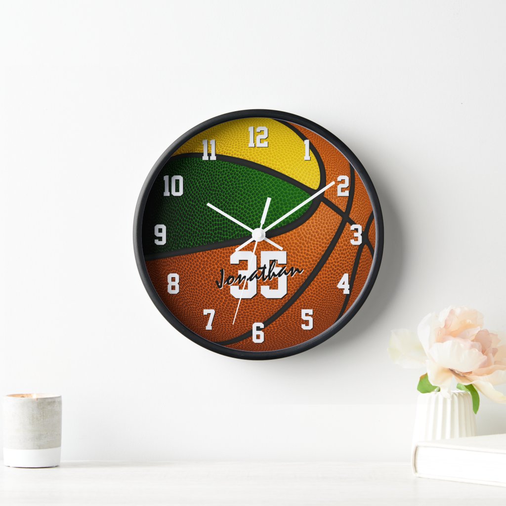 green gold girls boys basketball personalized round clock