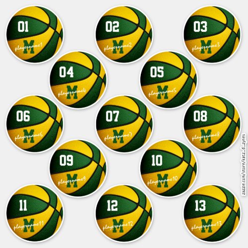 green gold basketball custom 13 players names sticker