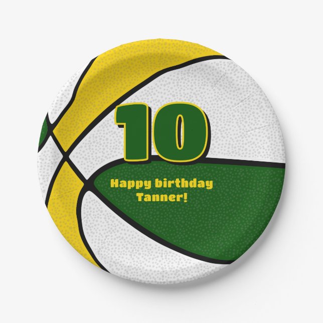 green gold basketball girls boys sports party paper plates (Front)