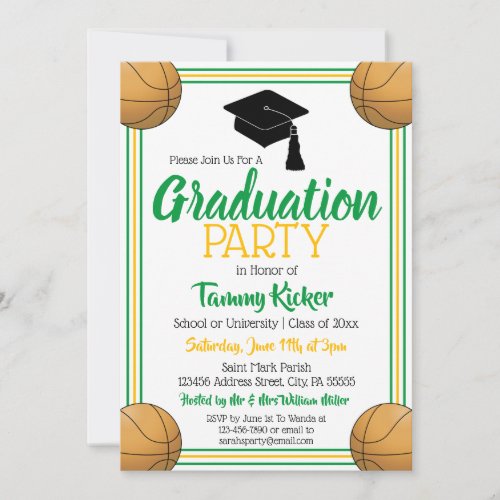 Green  Gold Basketball Graduation Party Invitation