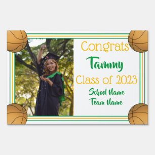 Green & Gold Basketball One Photo Graduation Sign