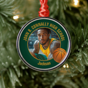 Green Gold Basketball Player Photo Christmas Metal Ornament