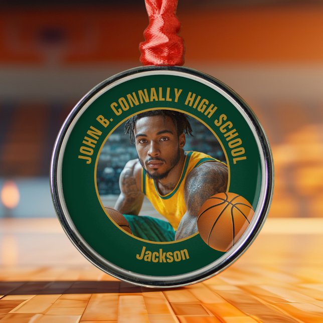 Green Gold Basketball Player Photo Christmas Metal Ornament (Creator Uploaded)