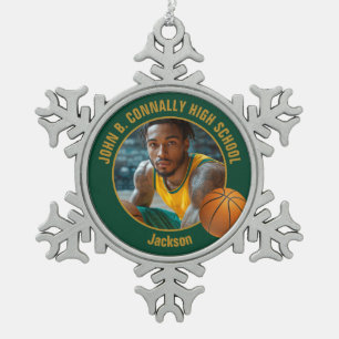 Green Gold Basketball Player Photo Snowflake Pewter Christmas Ornament