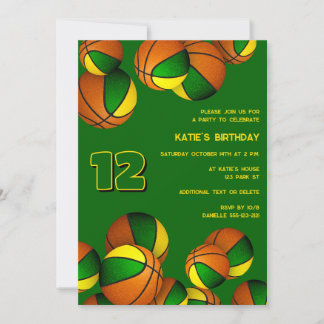 green gold basketballs kids sports birthday invitation