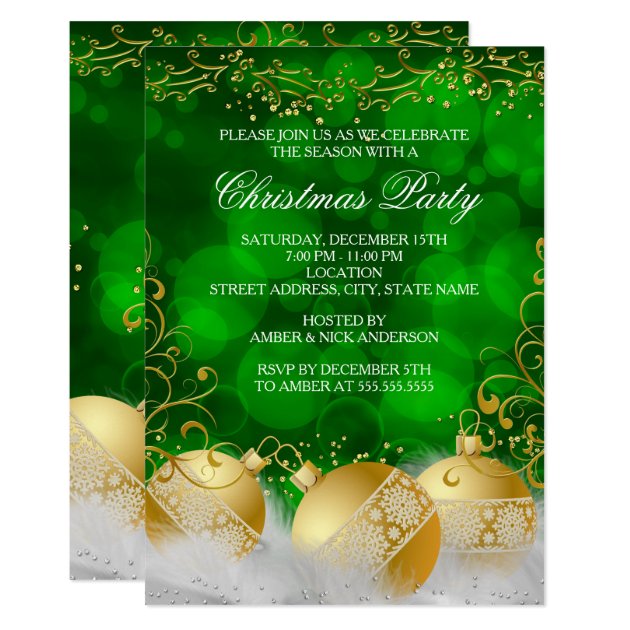 Green Gold Baubles White Christmas Holiday Party Invitation