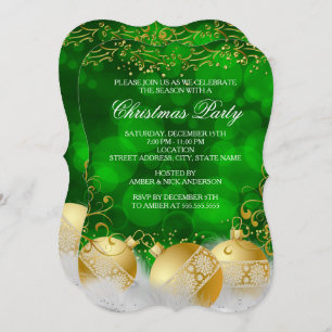 Green Gold Baubles White Christmas Holiday Party Invitation