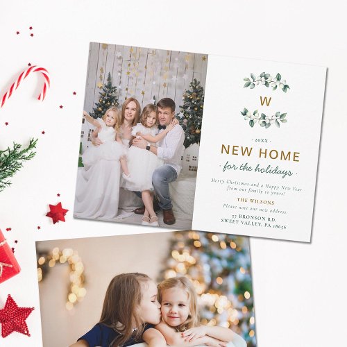 Green Gold Berries Moving Family Monogram 2 Photos Holiday Card