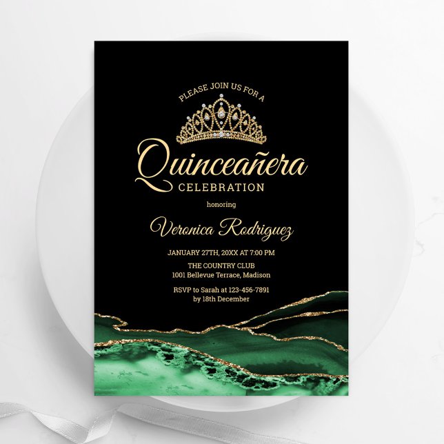 Green Gold Black Agate Marble Quinceanera Invitation (Creator Uploaded)