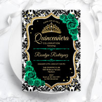 Green Gold Black Damask Elegant Quinceanera