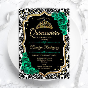 Green Gold Black Damask Elegant Quinceanera Invitation
