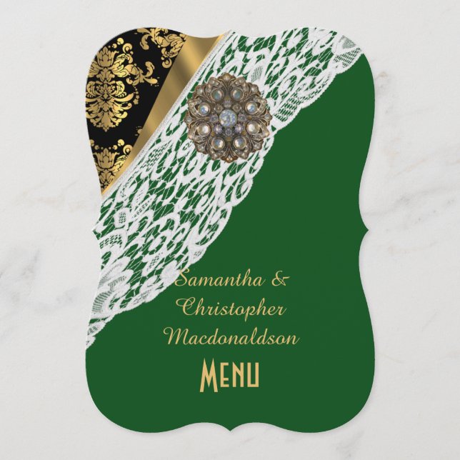 Green gold black damask white lace wedding menu (Front)