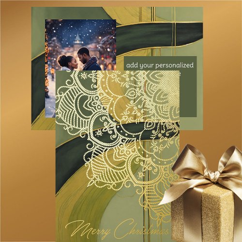 Green Gold Black Elegant Filigree Christmas Photo Foil Holiday Card