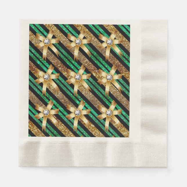 Green Gold & Black Faux Glitter Gold Diamond Bows Paper Napkins (Front)