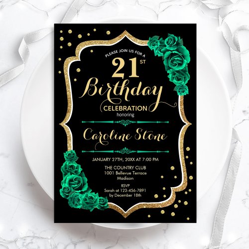 Green Gold Black Feminine 21st Birthday Invitation
