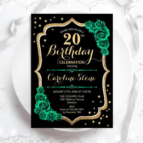 Green Gold Black Floral 20th Birthday Invitation