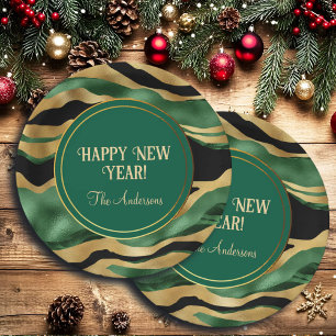 Green Gold Black Glitter Waves Paper Plates