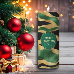 Green Gold Black Glitter Waves Pillar Candle