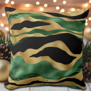 Green Gold Black Glitter Waves Throw Pillow