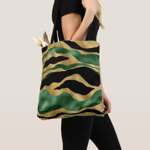 Green Gold Black Glitter Waves Tote Bag
