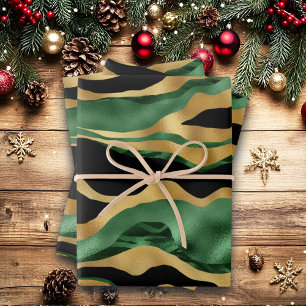 Green Gold Black Glitter Waves Wrapping Paper Sheets