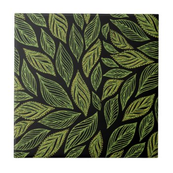 Green Gold Black Leaf Pattern Ceramic Tile by EveyArtStore at Zazzle
