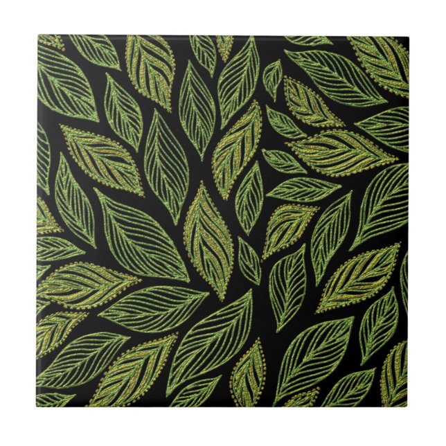Green Gold Black Leaf Pattern Ceramic Tile (Front)