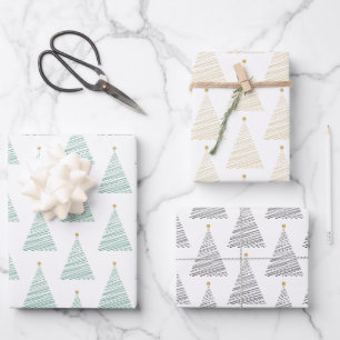 Green, Gold, & Black Line Art Christmas Trees Wrapping Paper Sheets