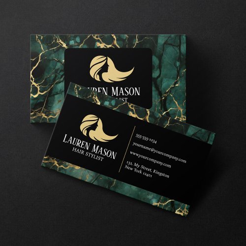 Green Gold Black Marble Hair Stylist Hair Salon Business Card