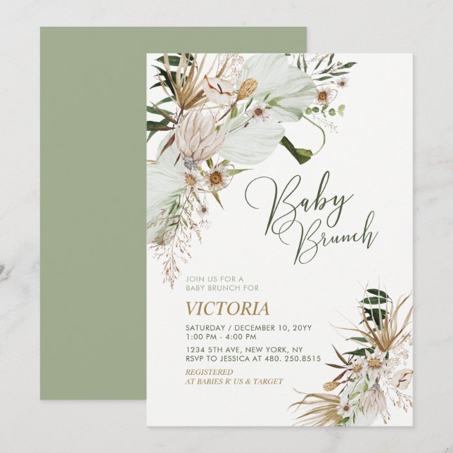 Green & Gold Boho Botanical Baby Shower Brunch Invitation (Front/Back)