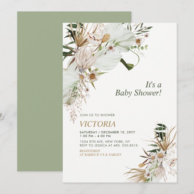 Green & Gold Boho Botanical Baby Shower Brunch Invitation (Front/Back)