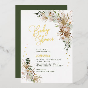 Green & Gold Boho Botanical Baby Shower Foil Invitation