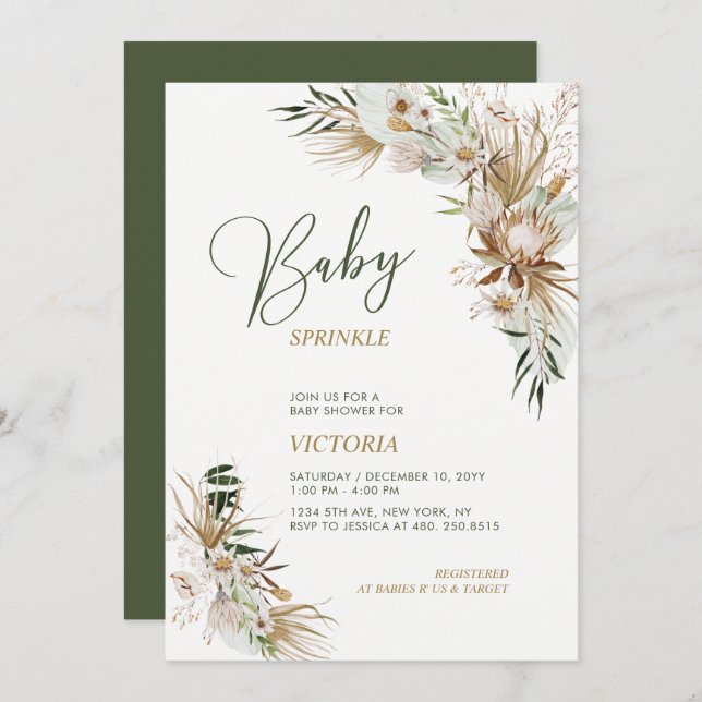 Green & Gold Boho Botanical Baby Sprinkle Invitation (Front/Back)
