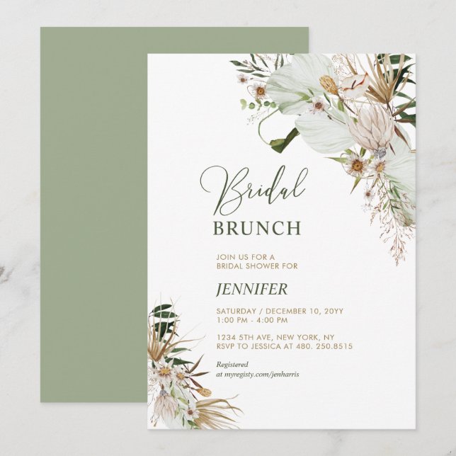 Green & Gold Boho Botanical Bridal Brunch Invitation (Front/Back)