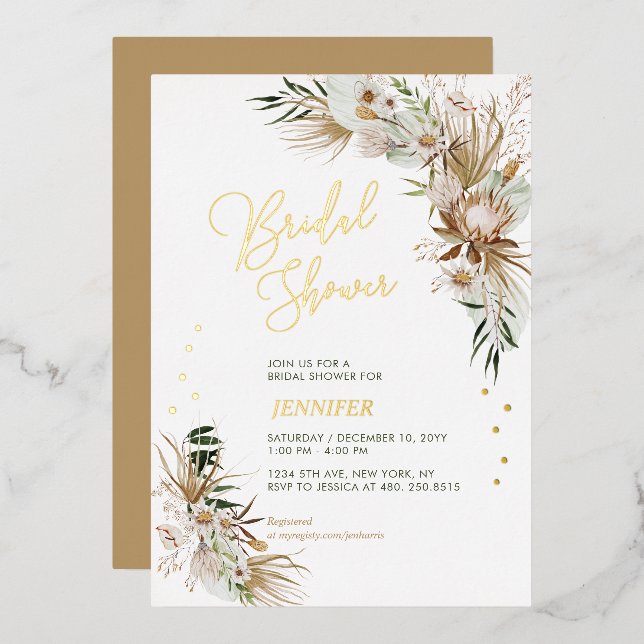 Green & Gold Boho Botanical Bridal Shower Foil Invitation (Front/Back)