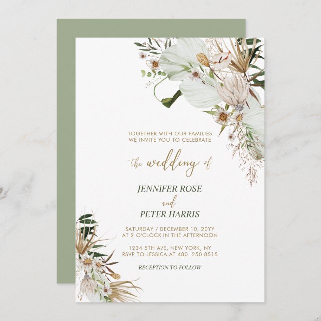 Green & Gold Boho Botanical Fall Wedding  Invitati Invitation (Front/Back)